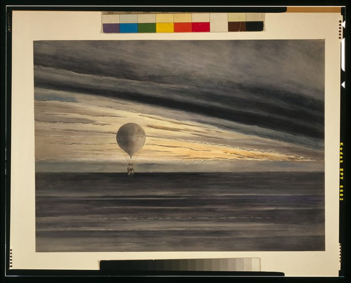 photograph of a painting, featuring a hot air balloon, possibly in the very early morning,